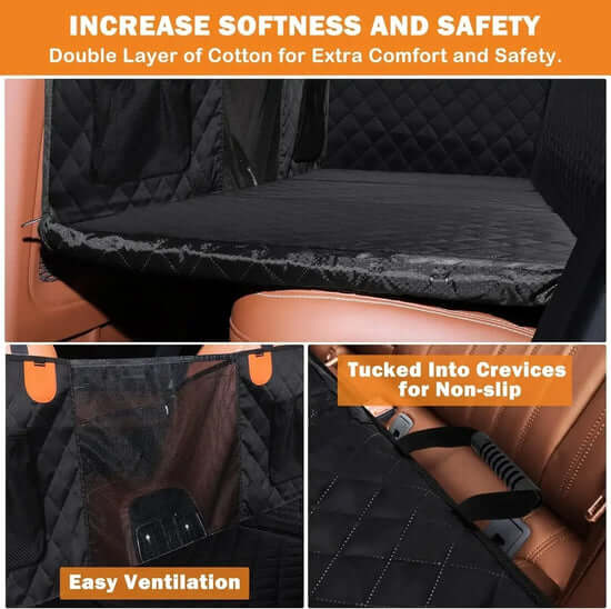 RuffLiner 2025 dog car seat protector with double cotton layer for comfort, easy ventilation, and non-slip design. RuffRover 2.0. Auto paws