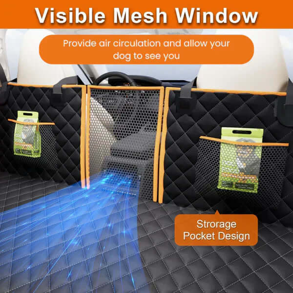 Visible mesh window on RuffLiner dog car seat protector for air circulation and visibility, plus storage pocket design. RuffRover 2.0. Auto paws