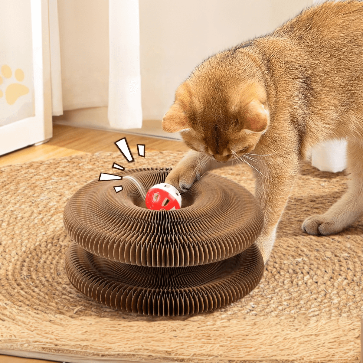 A cat playing with the Kitty Kurlz toy, showcasing its interactive and engaging design from Marlene's Pet Shop.